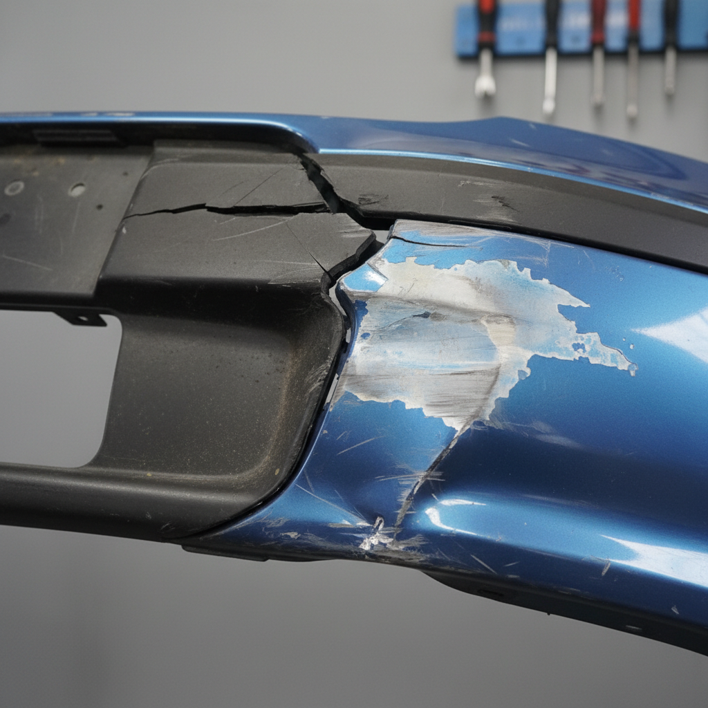 Realistic close-up photograph of a bumper showing multiple damage types: a visible crack running horizontally across the plastic, paint chipping and color fading on one section, and a dent with slight warping. The image should be shot from a 45-degree angle in natural workshop lighting, with the damaged bumper isolated against a neutral background to clearly illustrate different damage characteristics.