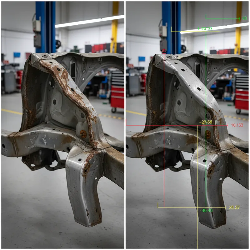 Damaged vehicle frame showing visible misalignment with bent metal and stress marks