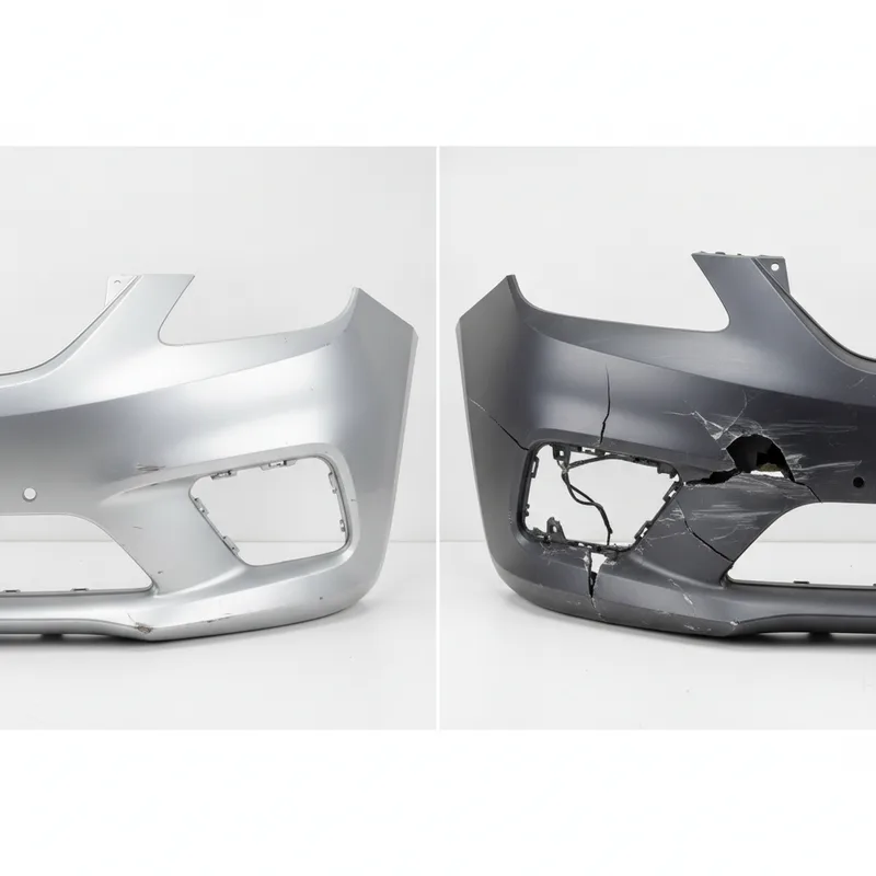 Side-by-side comparison of two vehicle bumpers: one with a shallow dent showing minor creasing, another with deep impact d...