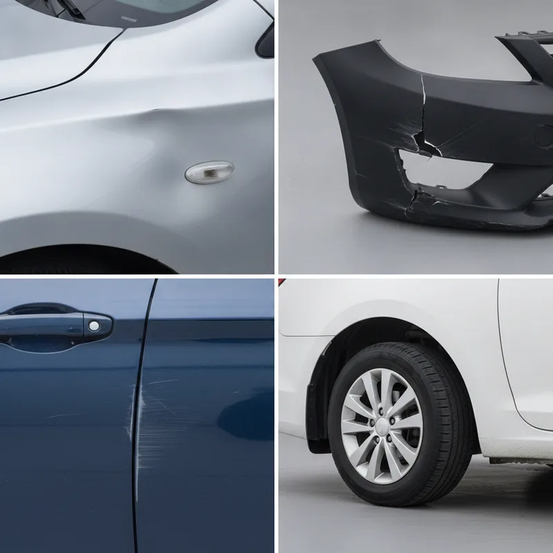 A collage-style overhead view showing four different types of minor damage on vehicle parts: a small dent on a fender, a c...