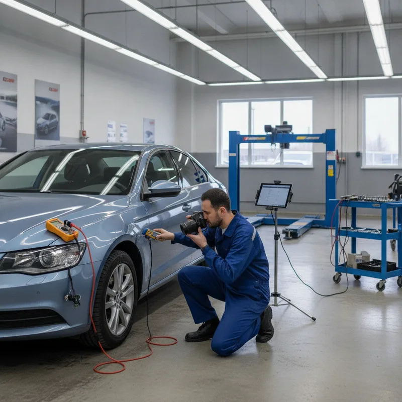 A technician using professional diagnostic tools and measuring devices to assess minor frame damage on a vehicle in the re...