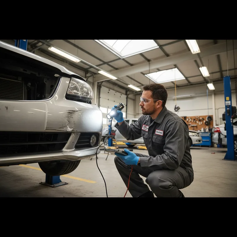 Technician in a collision repair shop inspecting a damaged bumper with a flashlight and diagnostic tools, checking underne...