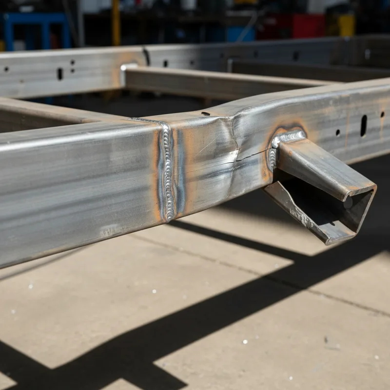 Close-up detail shot of a vehicle's frame structure showing both intact welded sections and damaged or bent areas